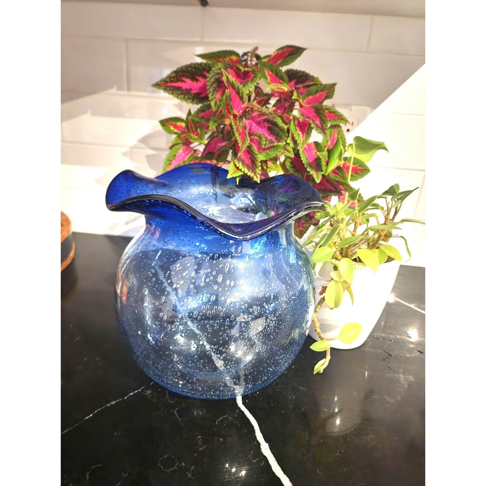 Vintage Cobalt Blue Bubble Glass Vase Mid-Century Bullicante Art Glass 9in